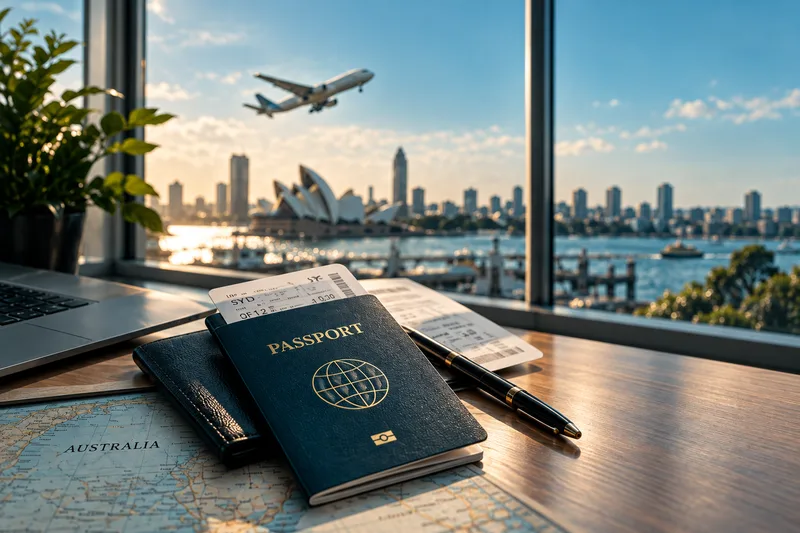 A passport and travel documents overlooking Sydney Harbour